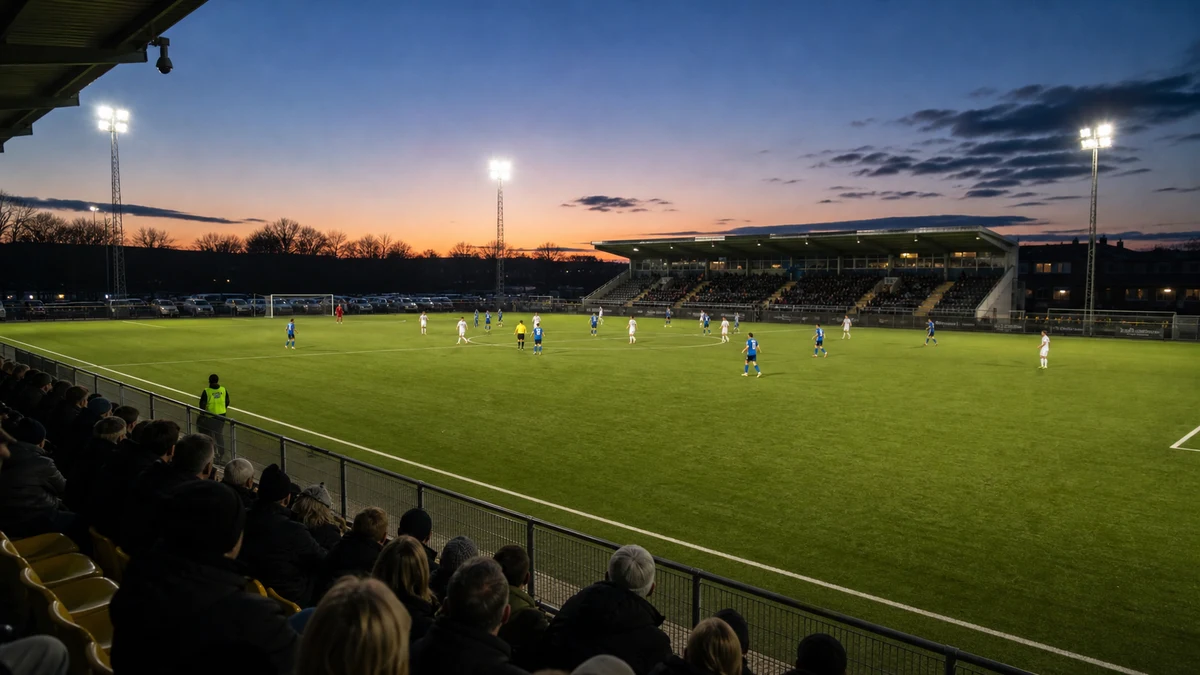 Nationalarenan i skymning med publik på väg in till landskamp