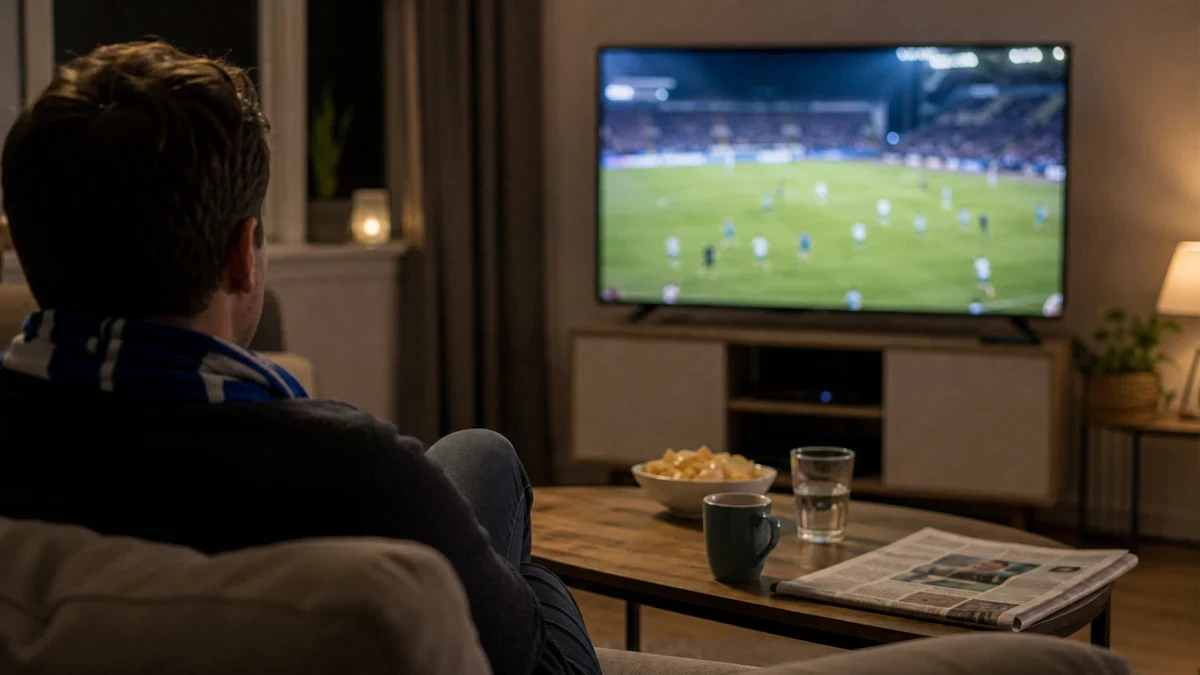 Fotbollsarena med strålkastare inför TV-sänd match